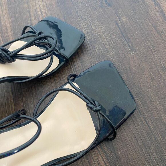 Black Glitter Iridescent Glam Square Open Toe Block Heel Lace Up Sandals US 9.5 - Picture 4 of 8